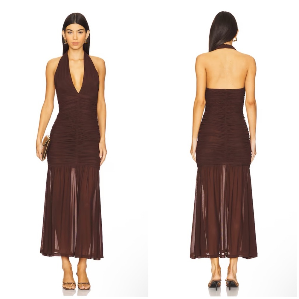 Bardot x REVOLVE Sephera Halter Mesh Midi Dress in Chocolate Size 12